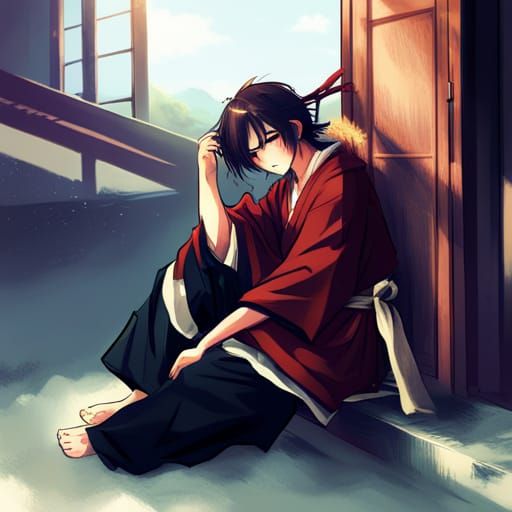 mugen samurai champloo male carefree bummy lazy samurai youthful mean relaxed digital art anime messy black hair 