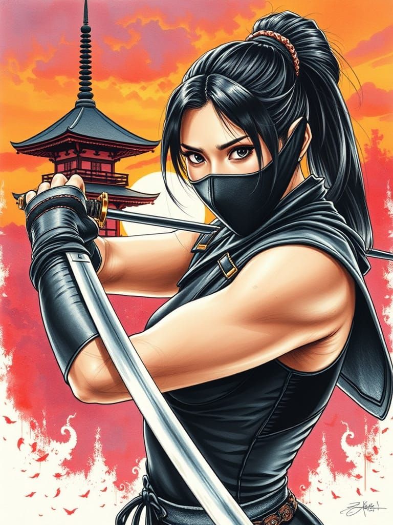 Athletic Japanese Warrior Woman With Katana, Pagoda At Sunse...