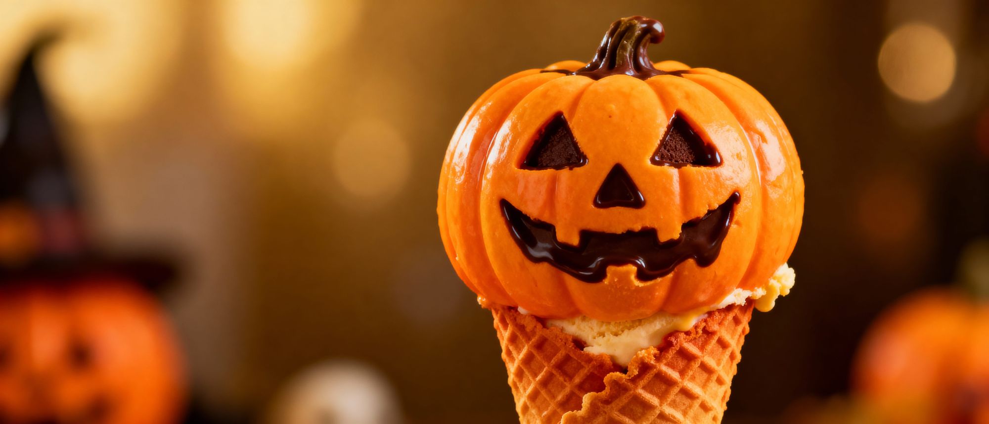 Jack o lantern shaped ice cream in a cone