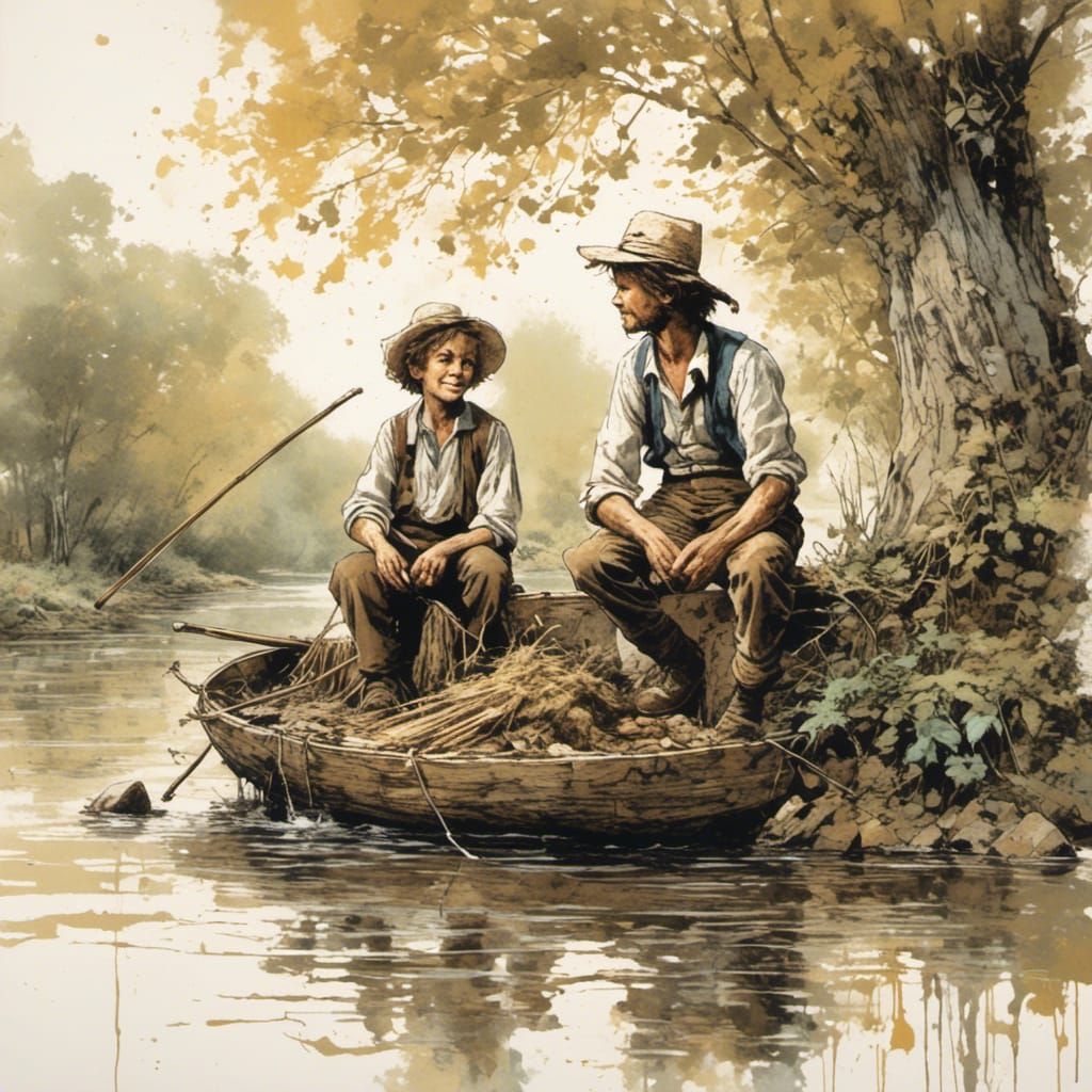 <lora:Splatter Graffiti:1.0> Tom Sawyer and Huck Finn on riv...