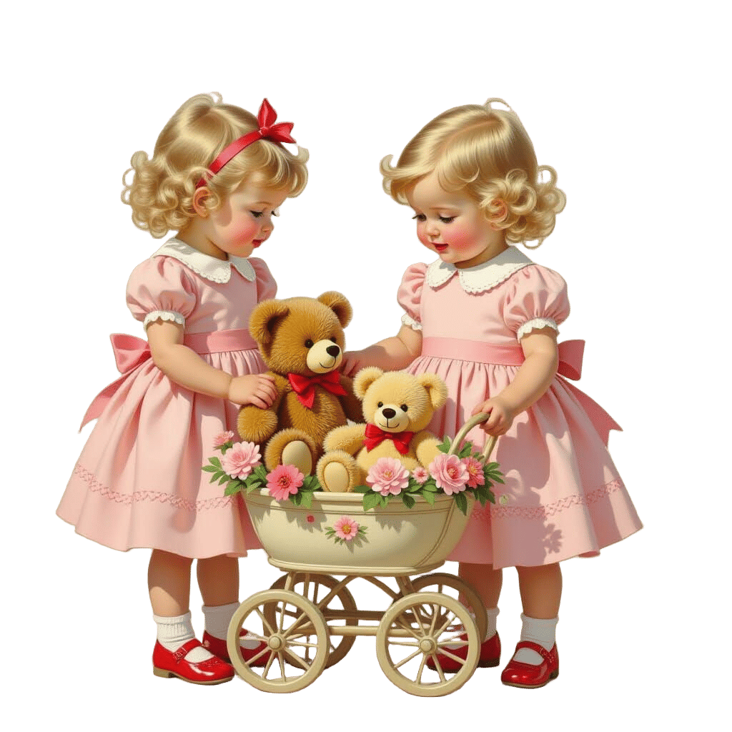 Whimsical Girls Over Baby Carriage with Toy Bears