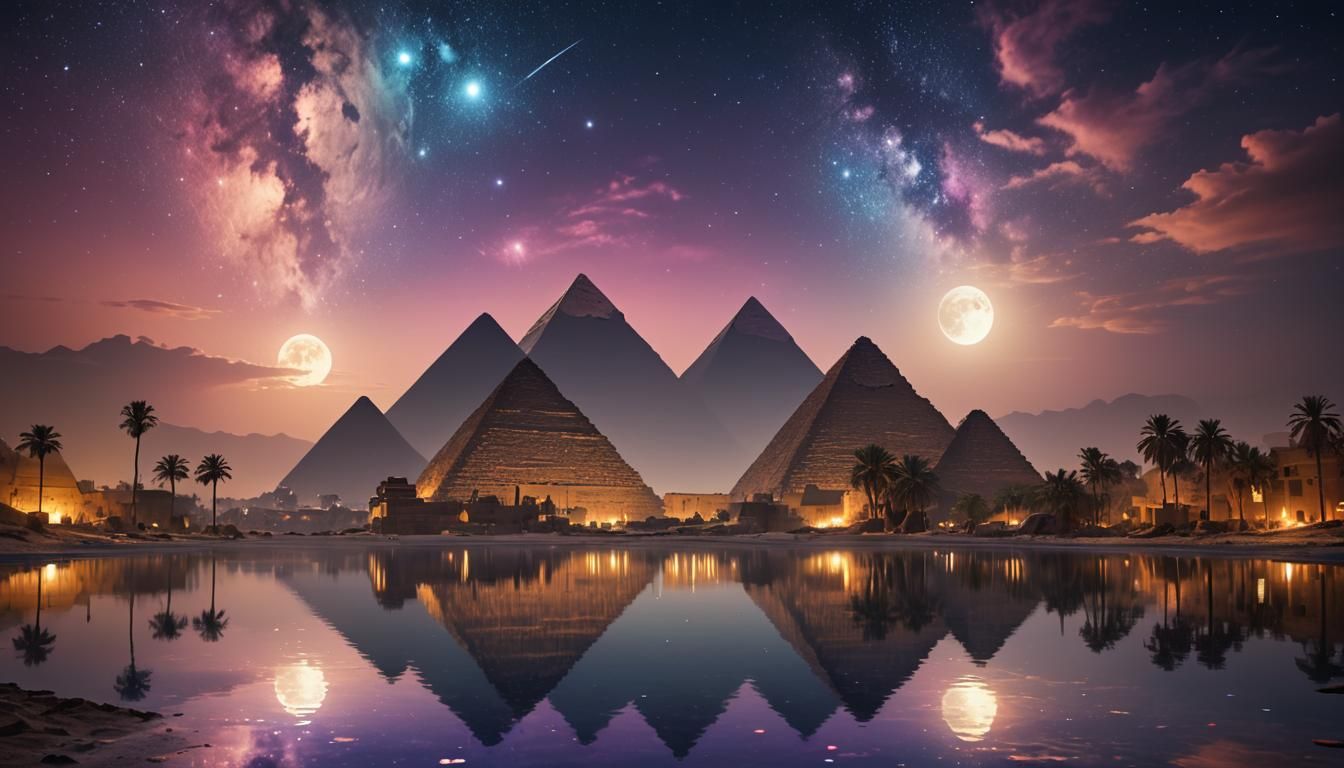 The skyline of Egypt. Epic Scene, sparkling magical cosmic moonlit lake, macabre, triadic colors, 4K, 3Delight, detailed, magical, ultra sha...