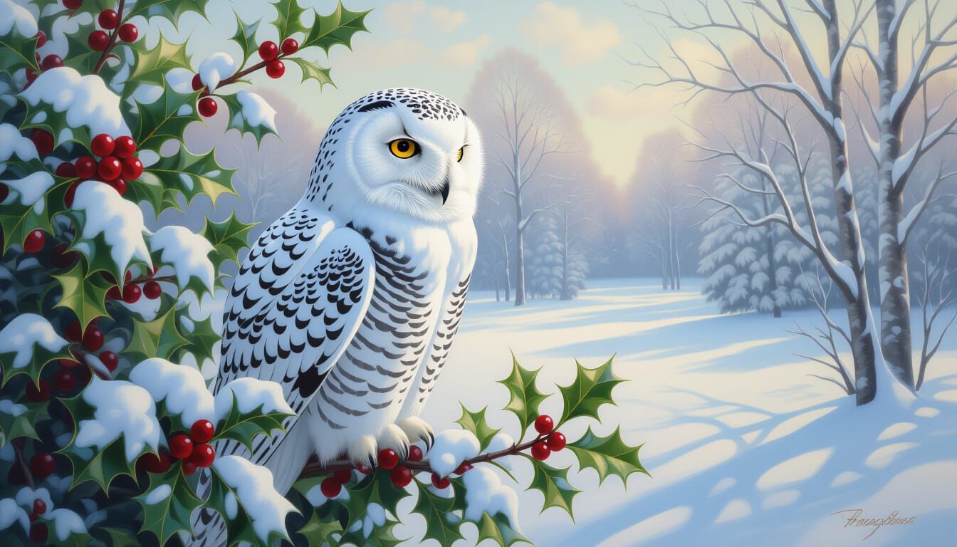 Winter's Vigil: Snowy Owl on the Holly Branch  by @Felicia Alexander