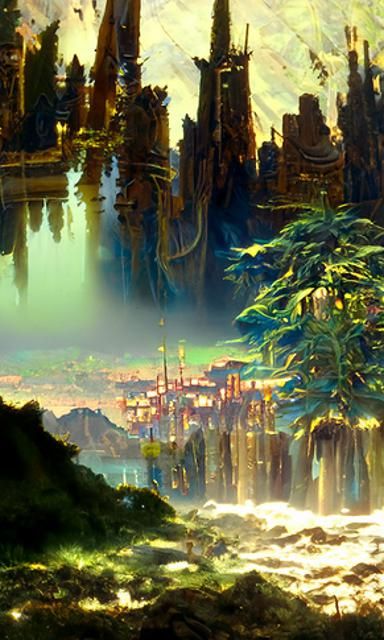 forest city with hyperdetailed builings in different styles ...