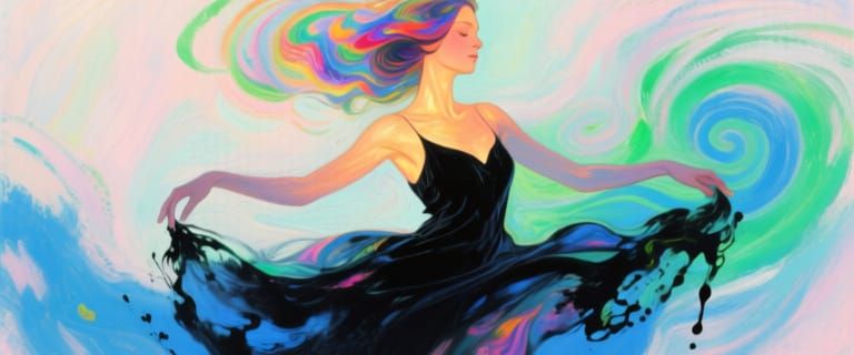 A surreal and abstract artwork depicting a dreamlike scene with vibrant colors and swirling patterns, the center of the image features a sty...