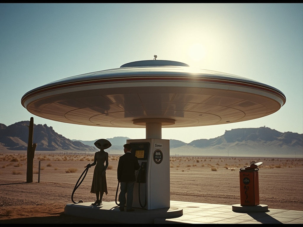 A flying saucer pumping fuel at a desert gas station. The al...