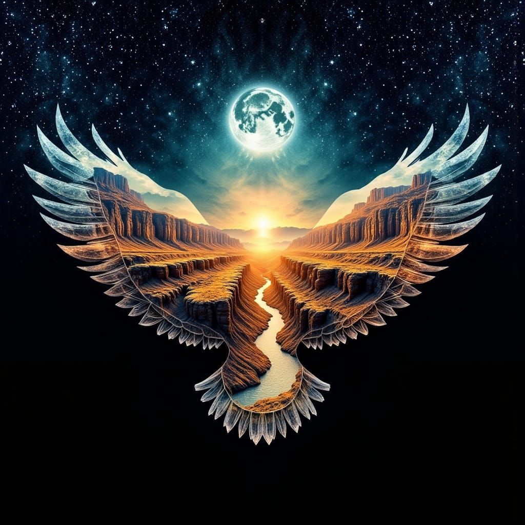 Eagle Soaring Through Starry Night in Double Exposure