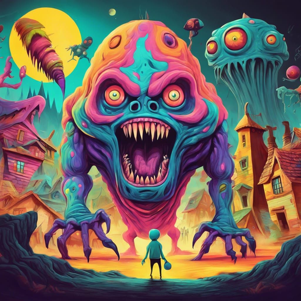 scary monster attacking a peaceful alien village