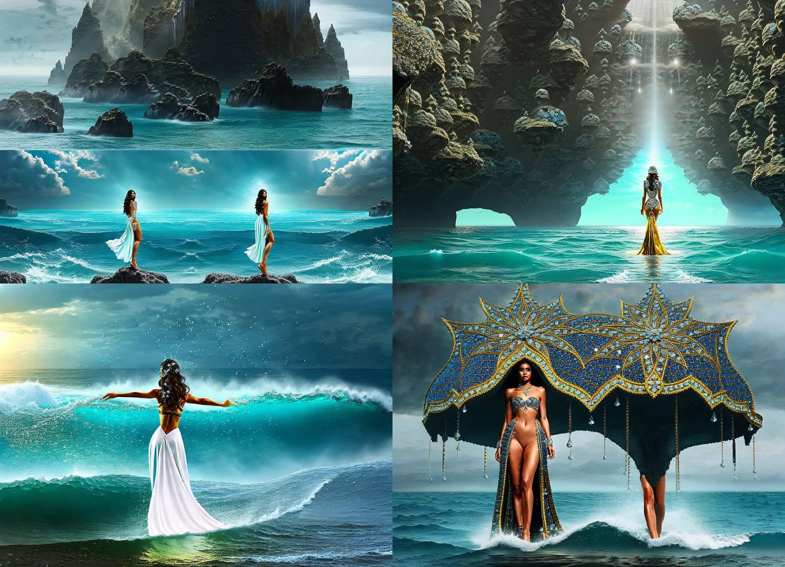 a glorious goddess exiting the ocean, newly created, drippin...