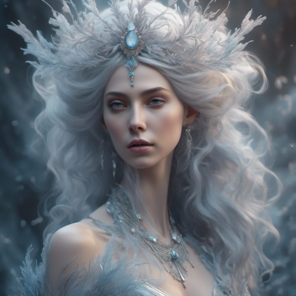 <lora:Wispy Hair:1.0> Impossibly beautiful frost queen with Smokey wispy hair softly disappating by Amy Brown and Anna dittman and Amanda sa...