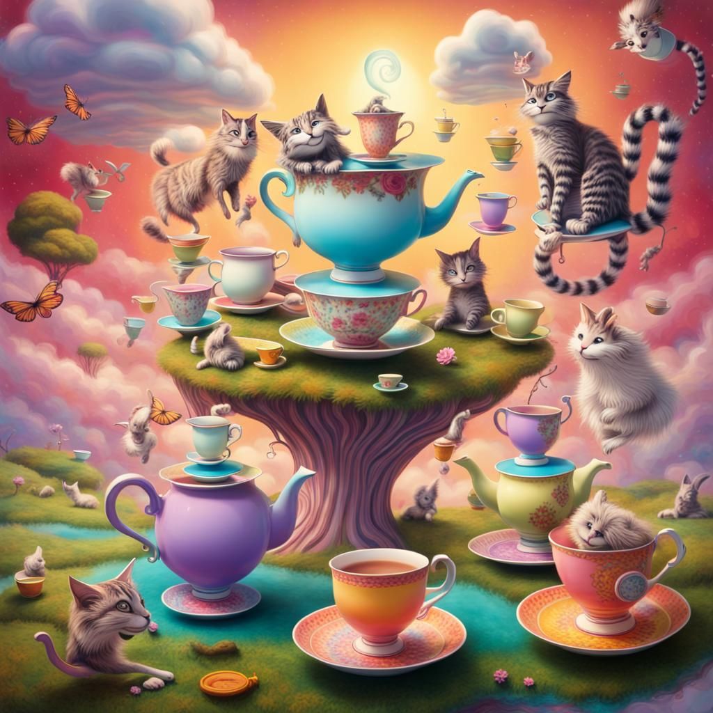 Whimsical, psychedelic scene with floating tea cups and talk...