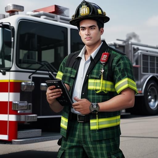a fire fighter    wearing a black, white, and green plaid ou...