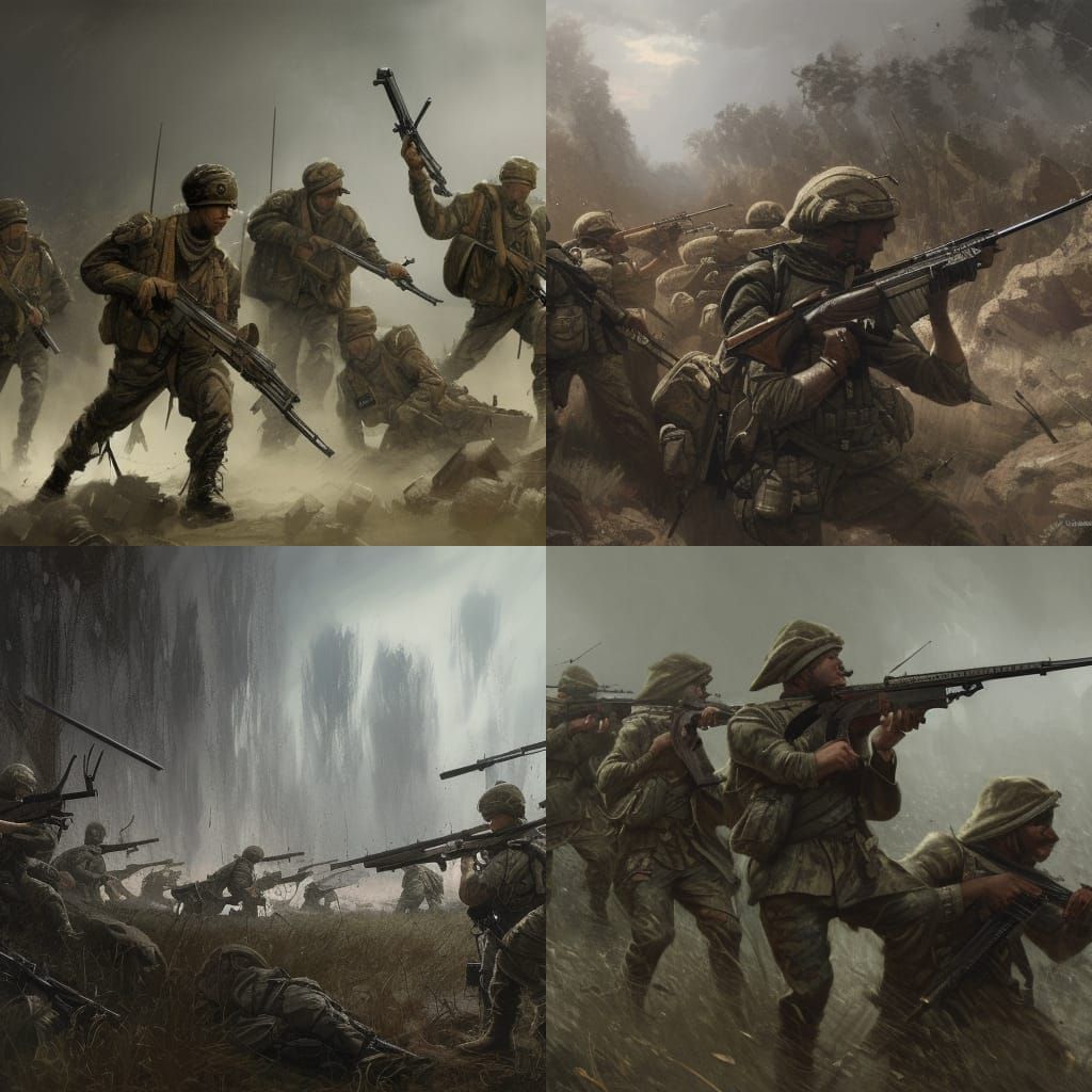 a group of ten soldiers in camouflage clothes carrying rifle...