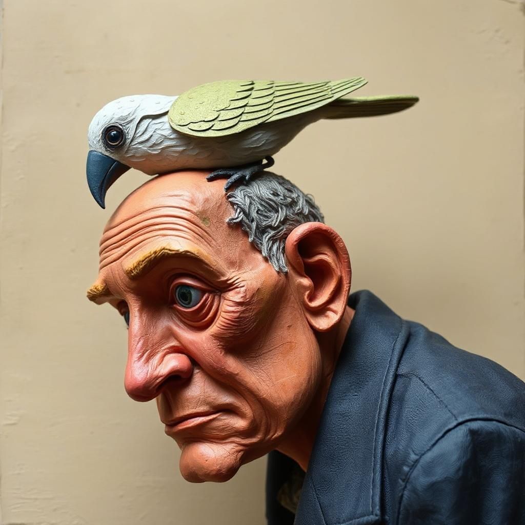 Man with a bird on his head.