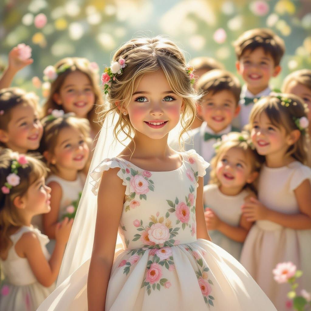 Joyful Girl in Floral Dress with Children, Painterly Style