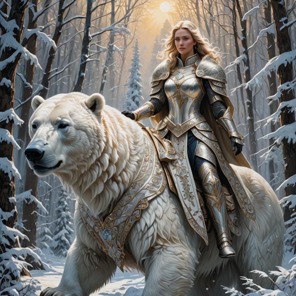 A female paladin in shimmering ivory armor rides a polar bear.  by @Jarveyboy