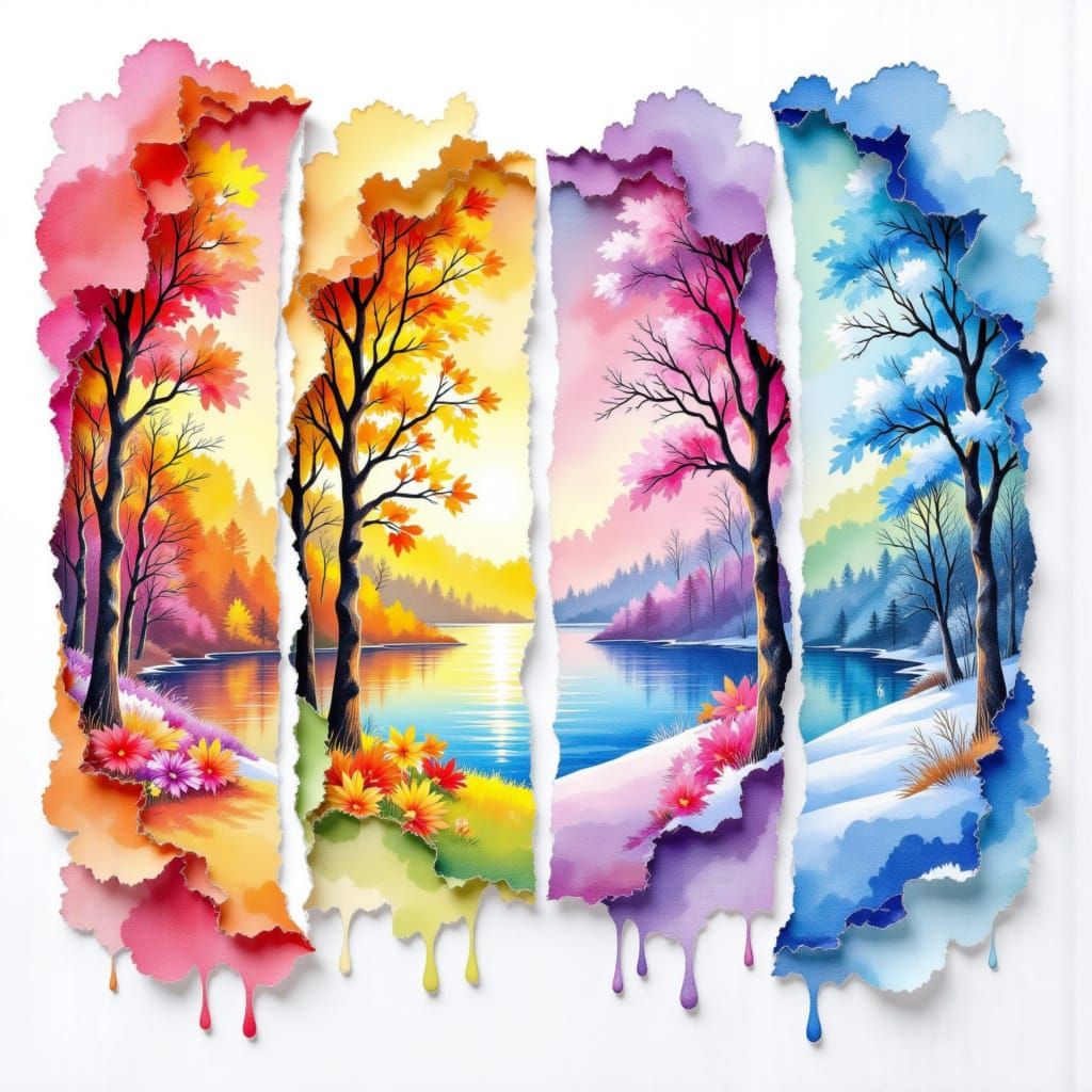 <lora:Four Seasons DE:1.0> Abstract vibrant watercolor portal swirls dripping in a double exposure effect across four vertical, ripped piece...