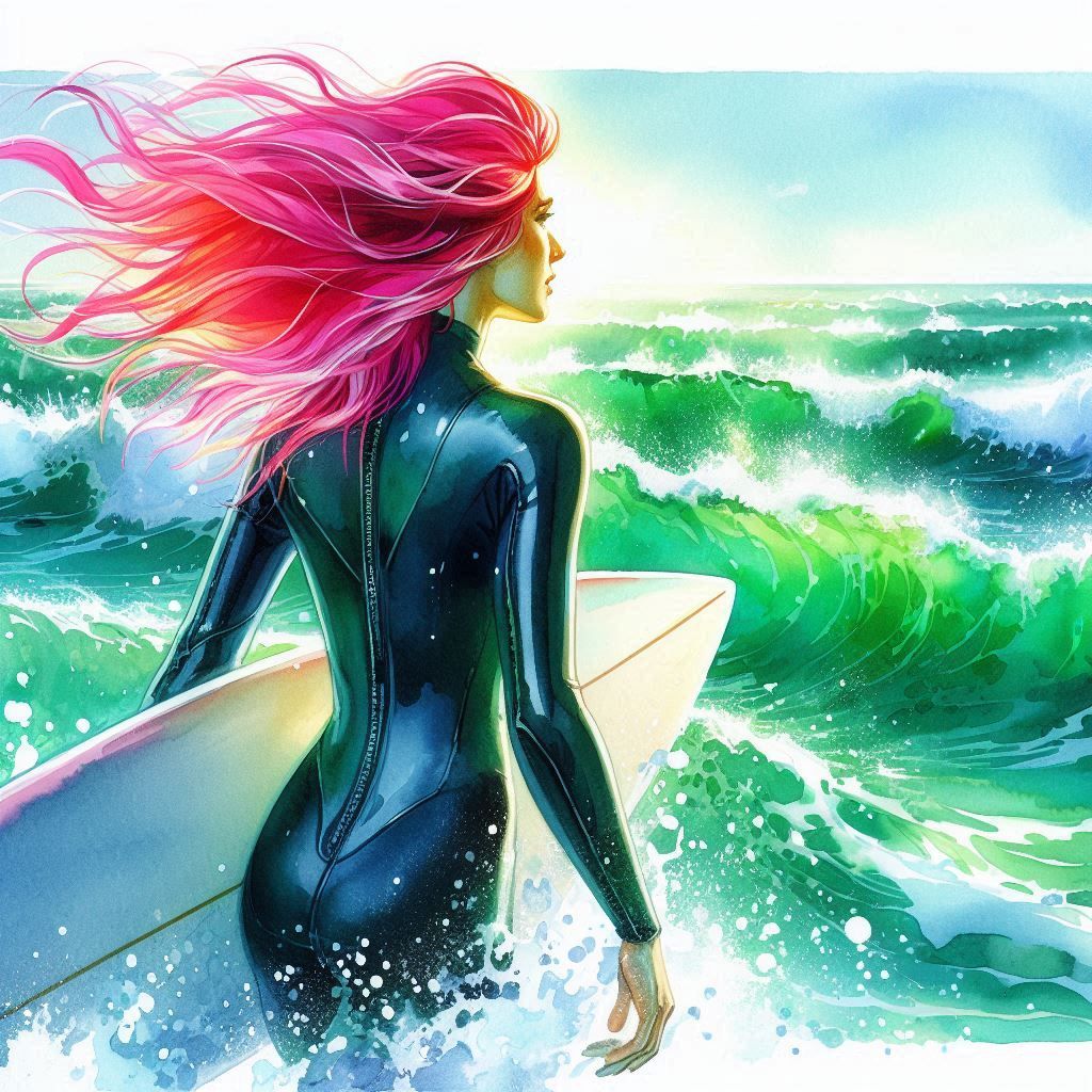 surfer with pink hair