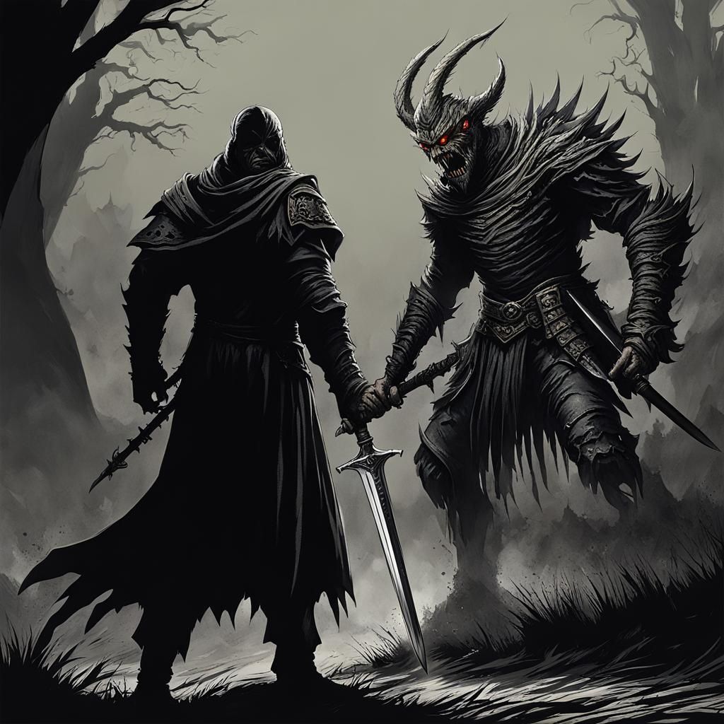 Scary monster banshee with a man with a. Sword mideval times