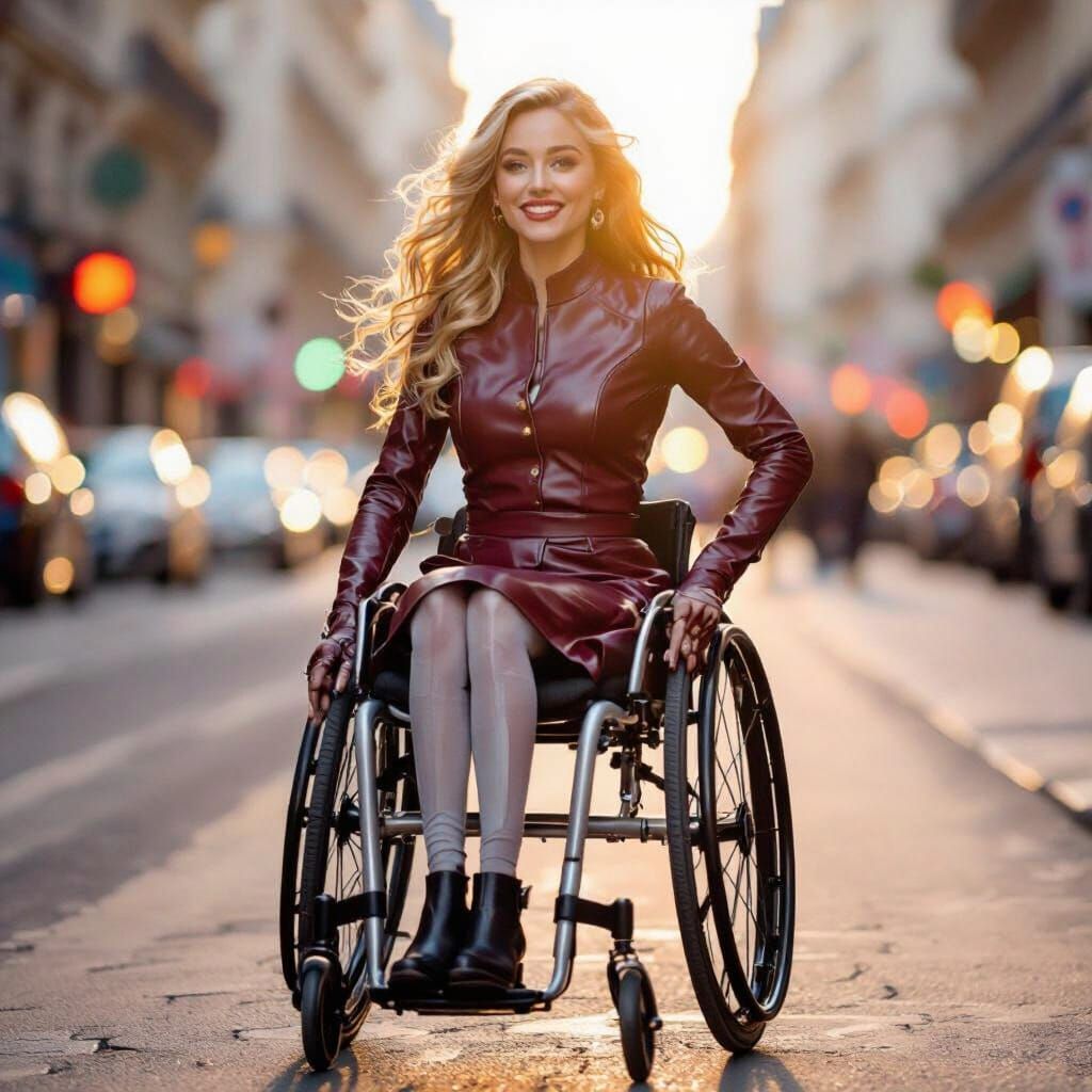 Busty woman seats in her modern lightweight wheelchair. Her thin paraplegic legs and feet lay lifelessly slightly inward on the wheelchair f...