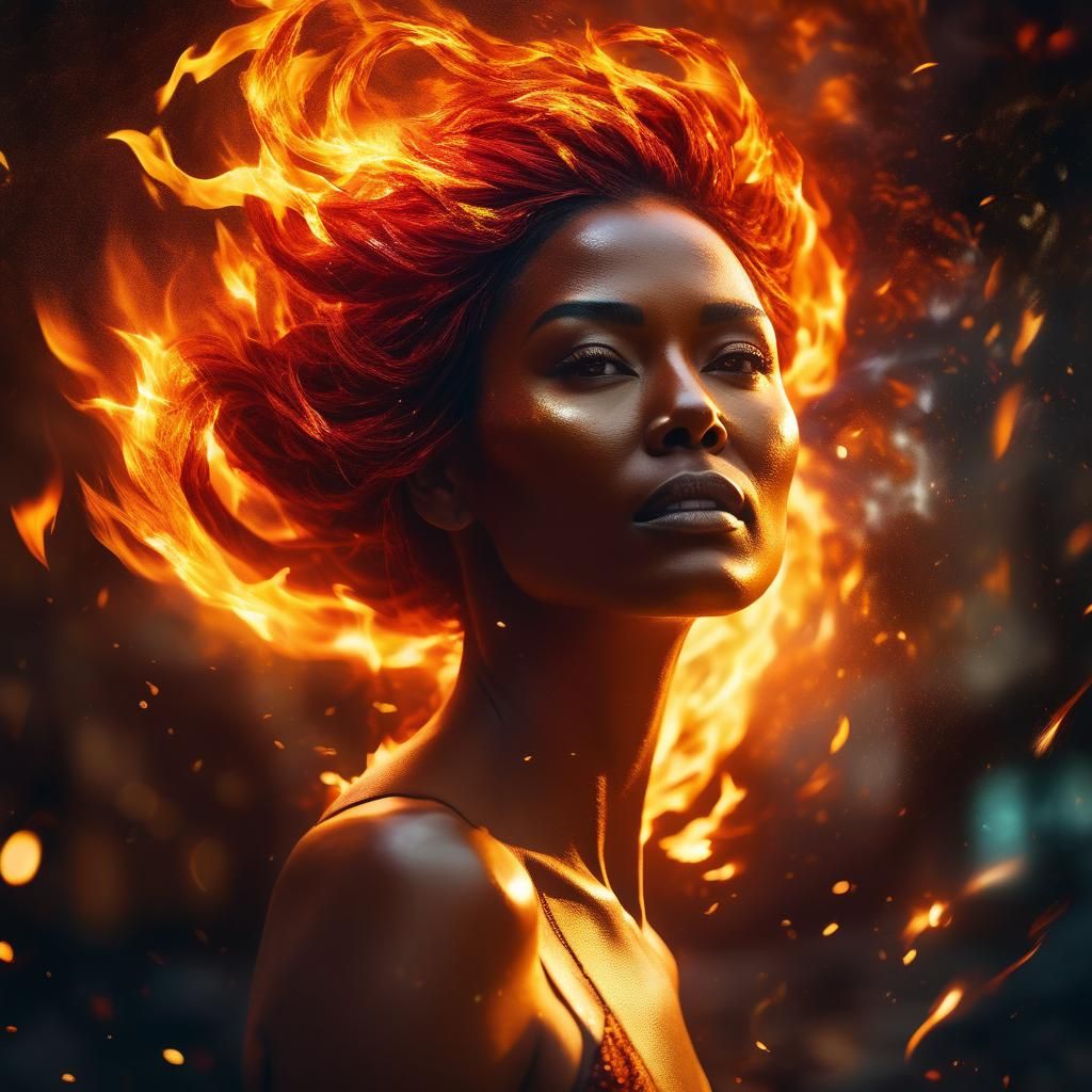 A woman made of fire, burning hair, flames, chaotic cheerfulness and ...