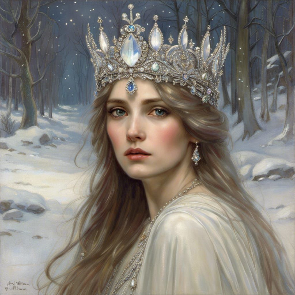 a very beautiful snow queen with a sparkling silvery crown and in a ...