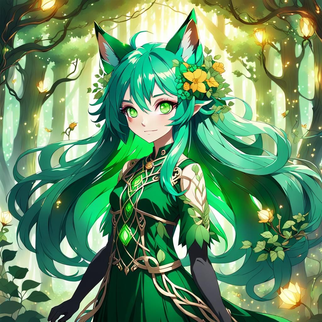 fox anime girl with rich green hair intertwined with vines and flowers, glowing emerald eyes, and leafy ears. She stands in a mystical fores...
