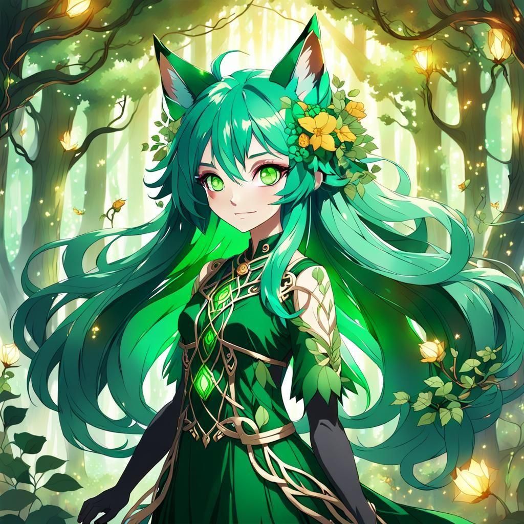 fox anime girl with rich green hair intertwined with vines and flowers