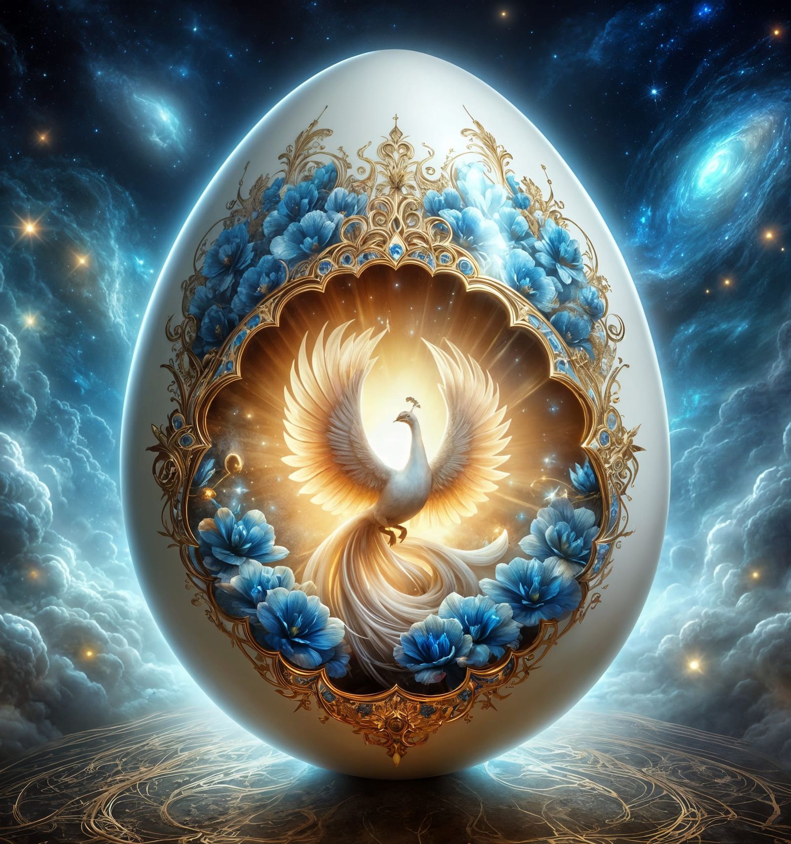 Blue Floral Porcelain Egg Containing a Magical Peacock 6  by @MasterRed