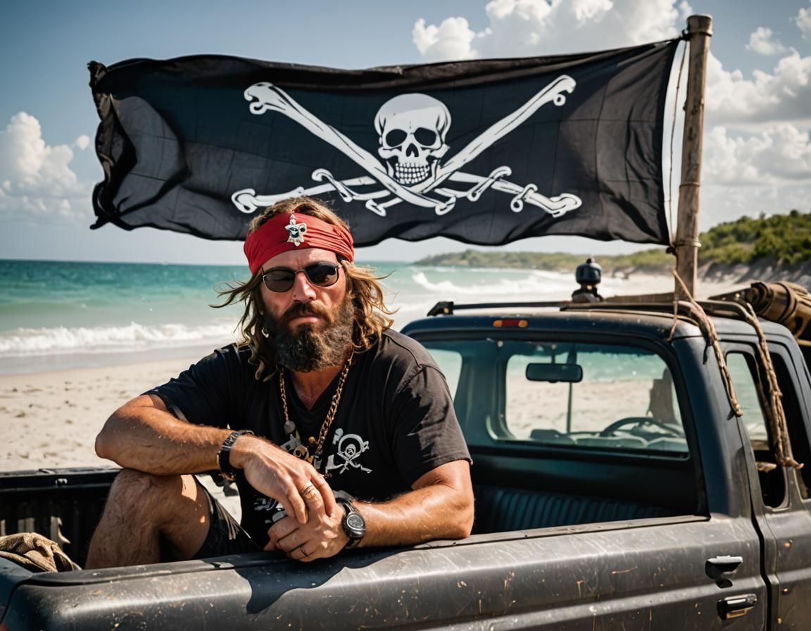 A beach bum, relaxing in the bed of a pick up truck under black beard's pirate flag on an isolated beach. 