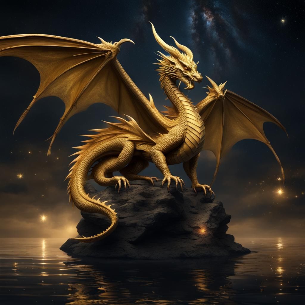 large european golden dragon with wings sitting peacefully on a flat ...