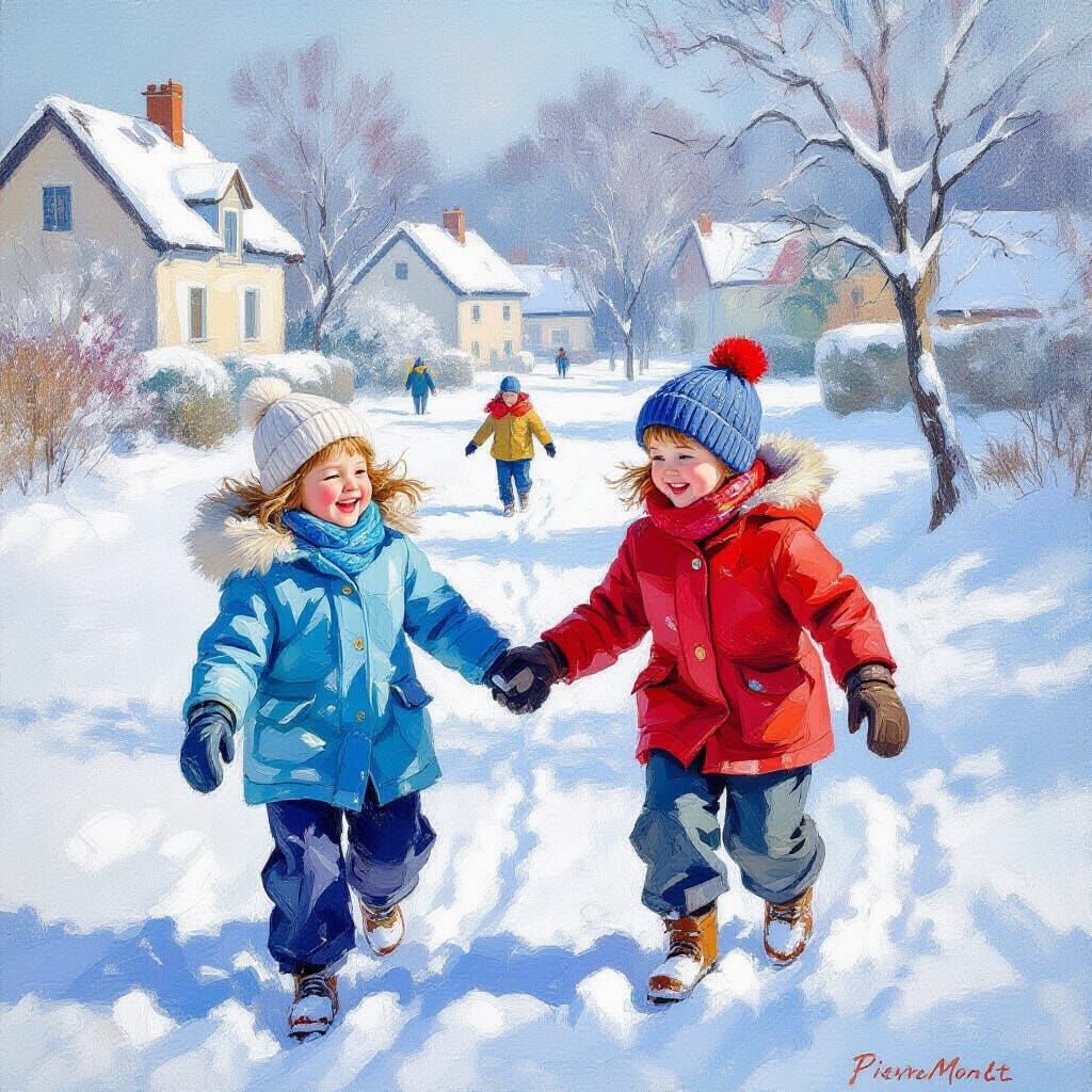 Joyful Children Playing in Snowy Landscape, Impressionist St...