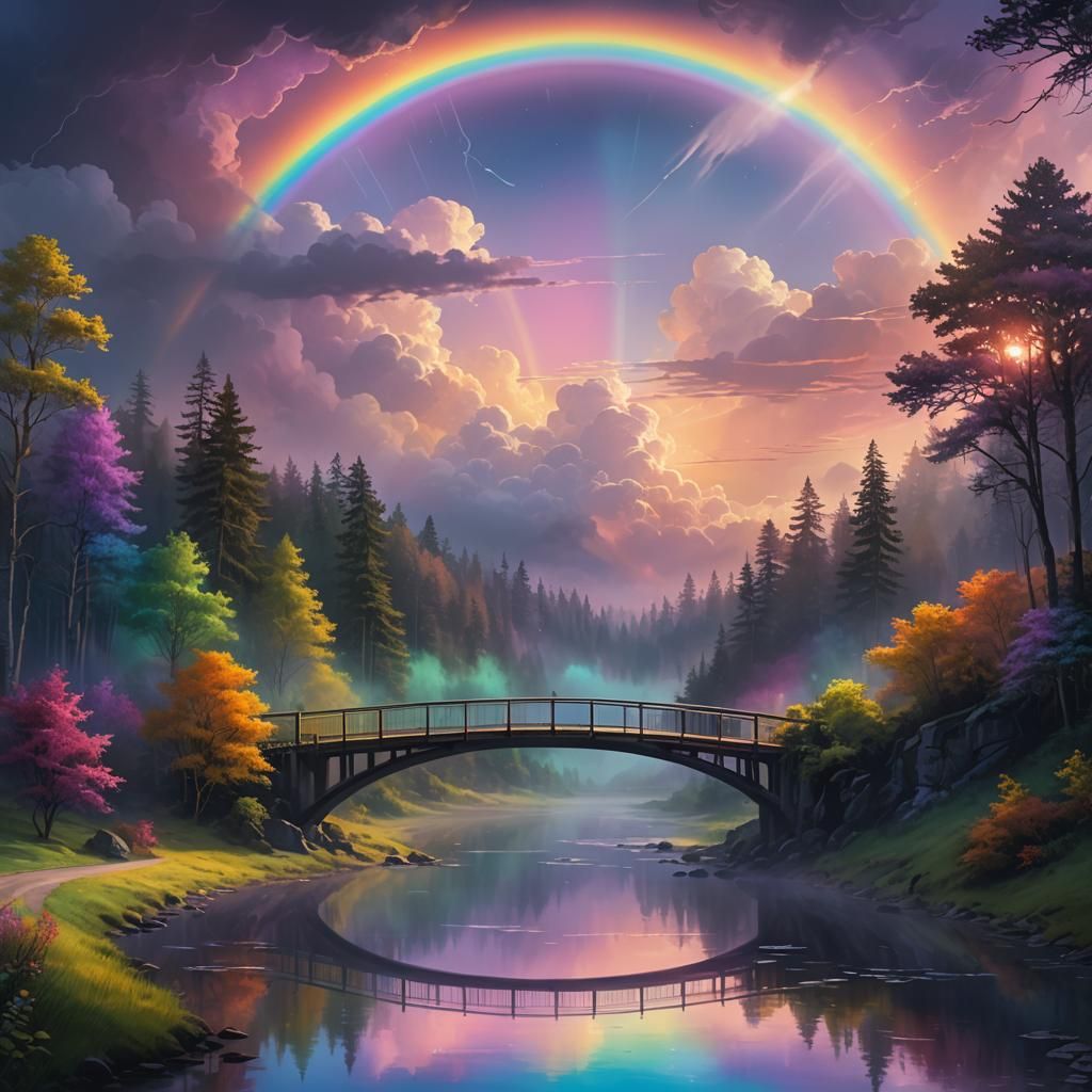 A bridge made of rainbows that crosses two worlds: One is a bright, white world full of light and the ...  by @Inês Girão