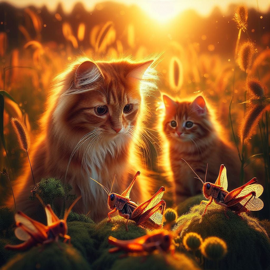 Butterscotch and Ember in a field watching grasshoppers