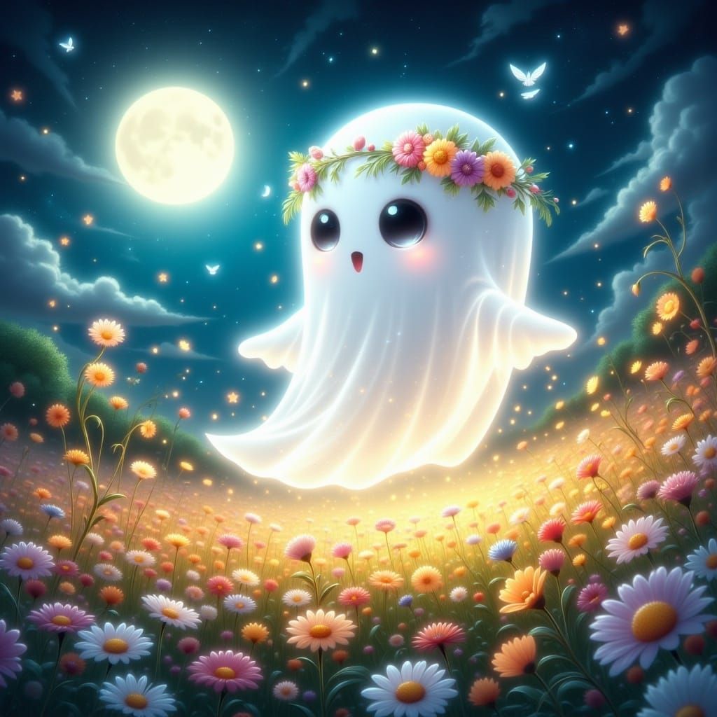  <lora:Ghosties2:1.0> Adorable glowing little transparent ghost in a flower field under the moonlight sky wearing a flower crown 