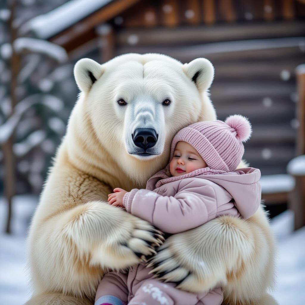 Bear Cares for Freezing Baby in Snowy Landscape