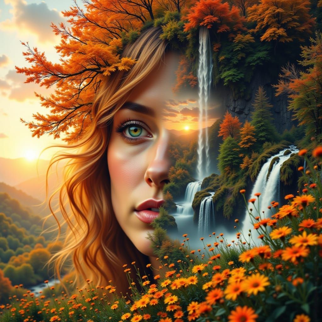 Woman Double Exposed Over Autumn Waterfall Sunset