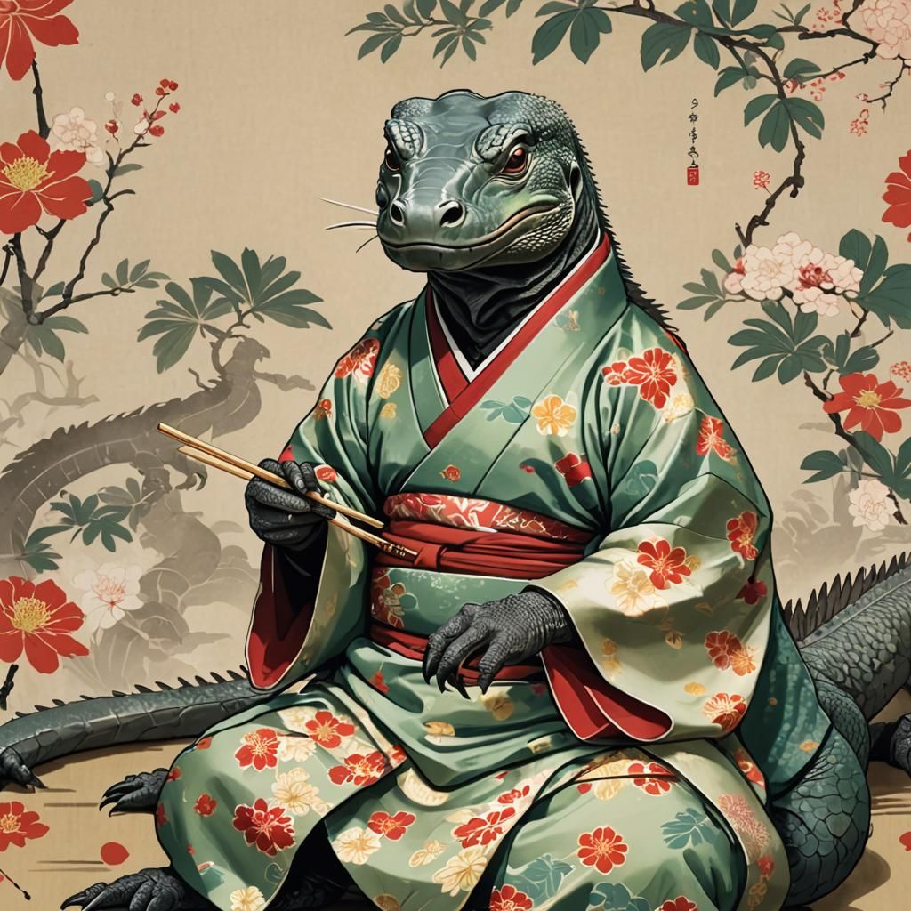 A komodo dragon in a kimono, using chopsticks
