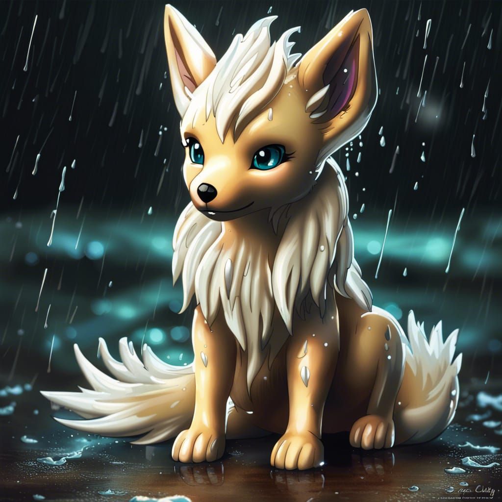 Sad Baby Ninetails in the Rain: Hyperrealistic Art