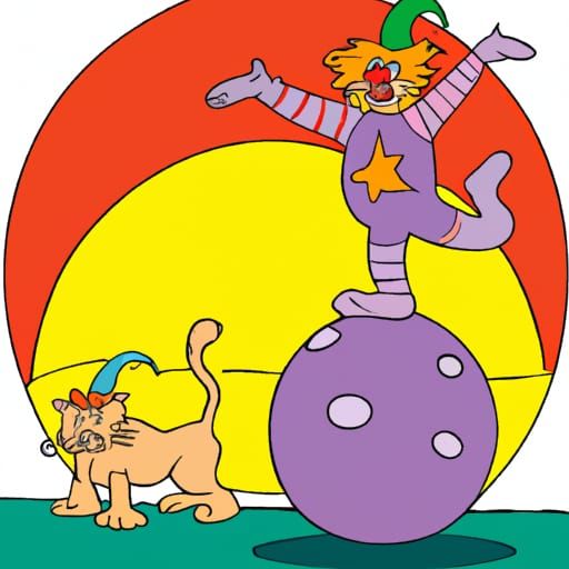 Cat Dancing on a clowns head while the clown balances on a b...