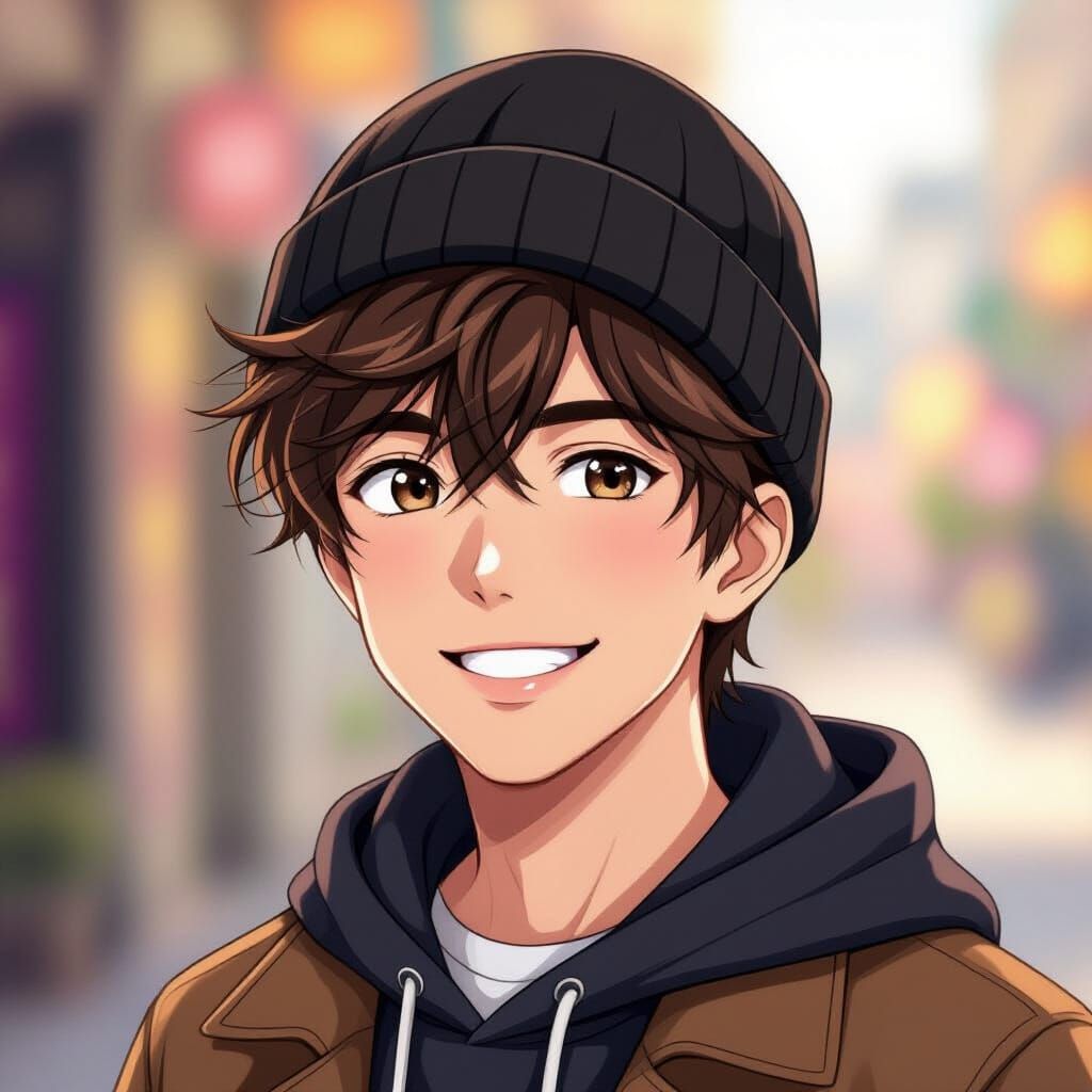 Anime Style Portrait of Smiling Young Man in Beanie