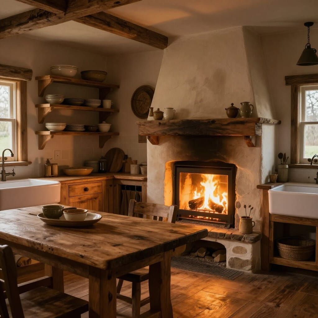 farmhouse kitchen with fireplace glowing and warm lights.  USe this picture, but remove the stove

  by @undefined