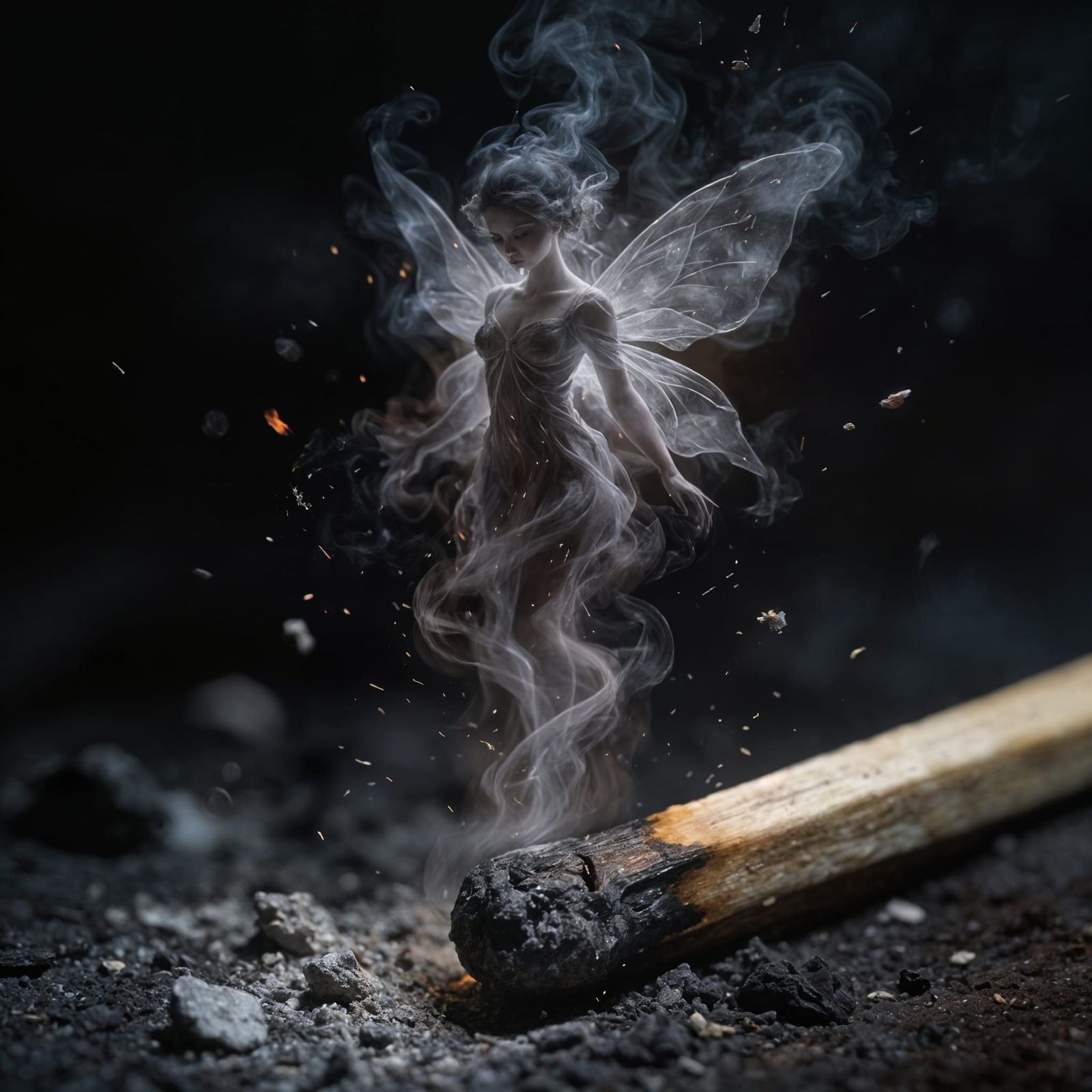 A fairy made of smoke and ash, coming off the tip of an extinguished match  by @Revenant_
