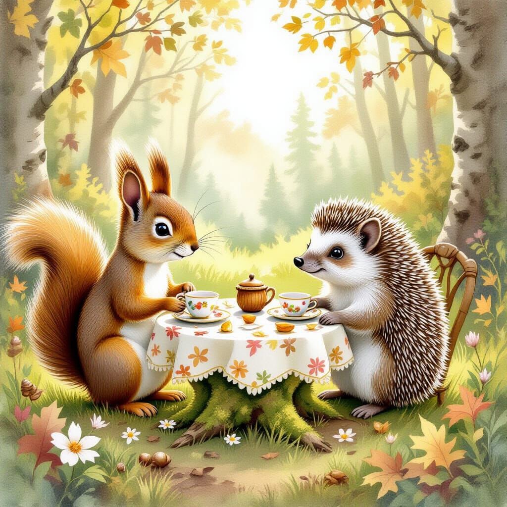 Enchanted Forest Tea Party in Watercolor Style