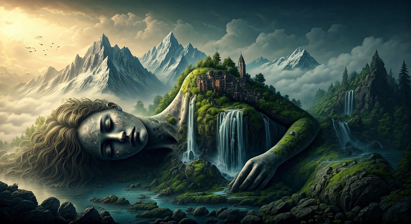 A colossal, ancient, city growing out of a weathered rock-mountain lying  female torso in dramatic crying ...  by @Kindly Offer