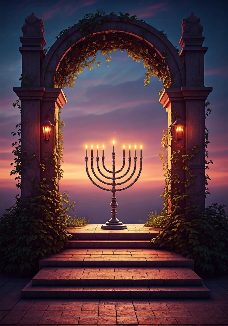 Serene Hanukkah Evening with Golden Menorah and Lush Greener...