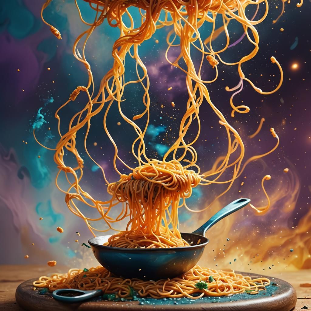 Dropping spaghetti into a frying pan