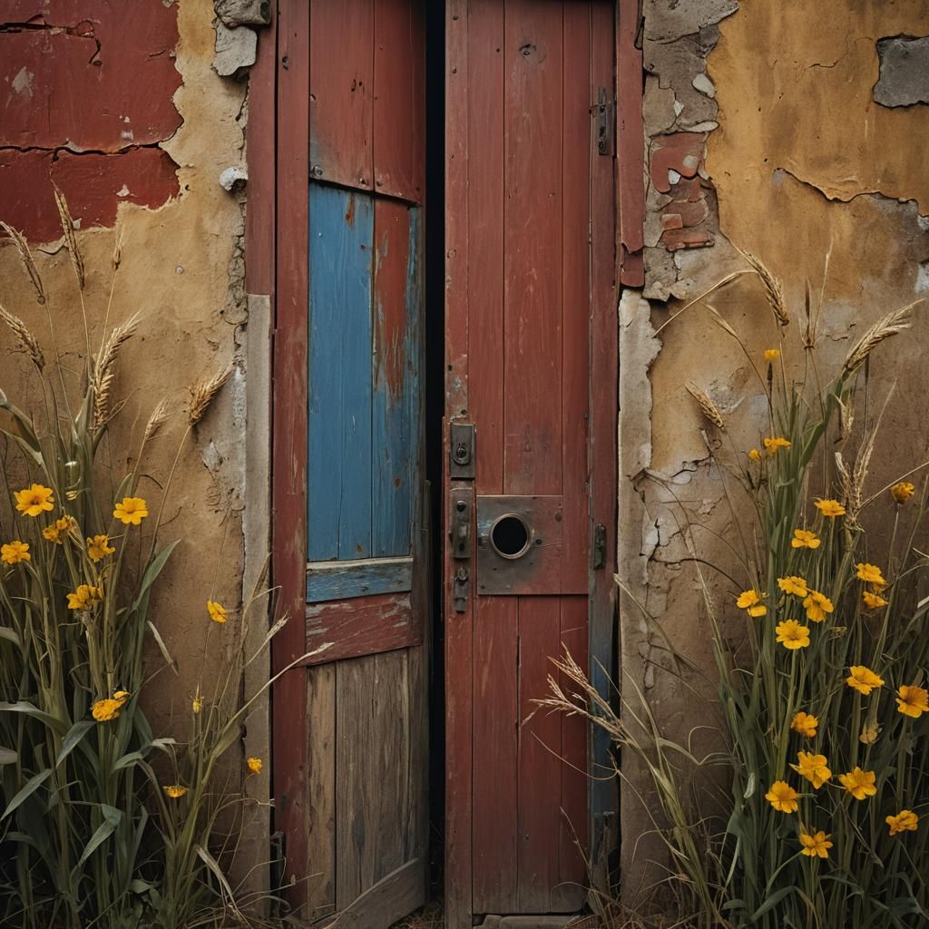 an red old half-open door leading to a field mysterious atmo...