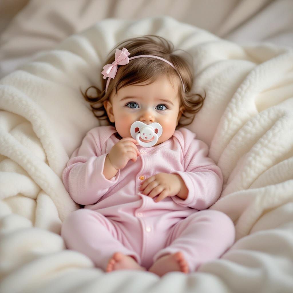 Baby Girl with Pacifier in Storybook Style