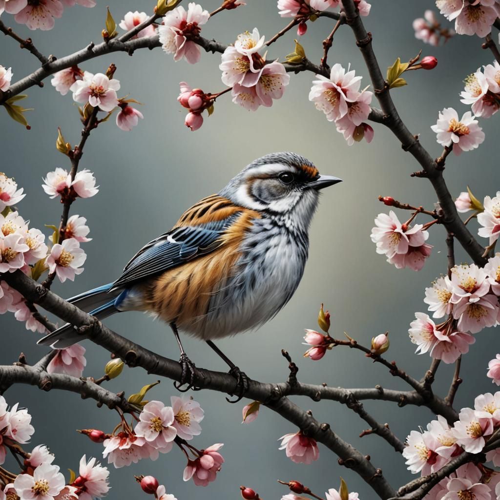 Fluffy bird on a cherry tree branch,  amazingly hyperdetailed a masterpiece award-winning hyperrealistic ...  by @Moonflower